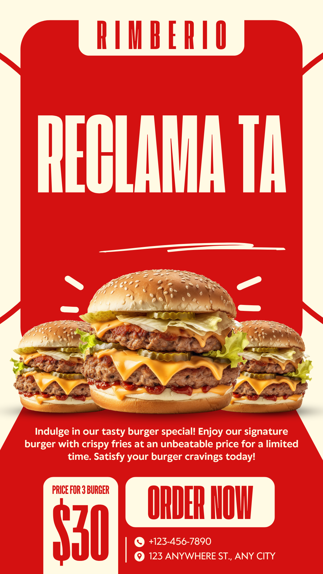 Red And Beige Simple Typographic Burger Promotional Food Instagram Story