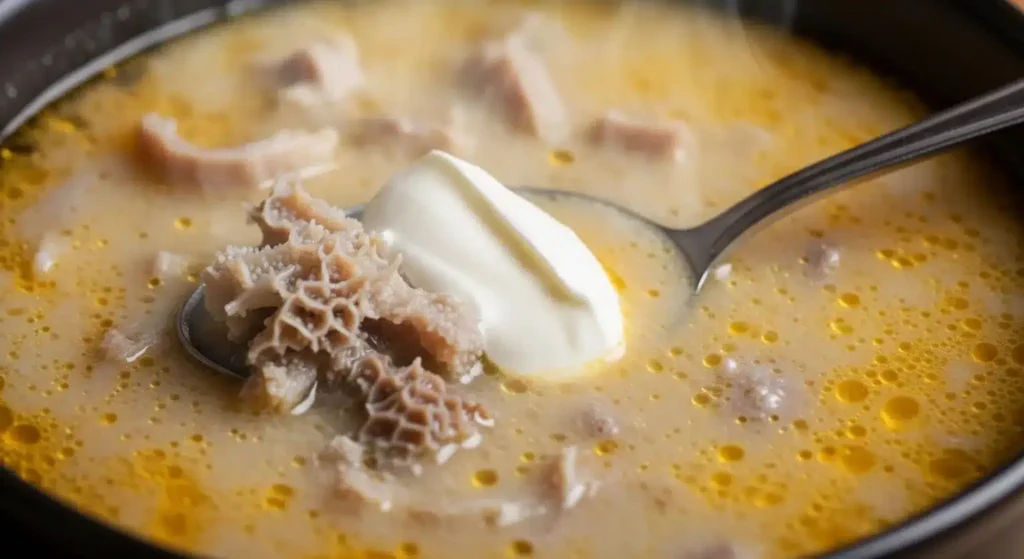 Tradiții culinare românești aduse în Marea Britanie: Gusturi și povești din inima Carpaților Close Up Ciorba De Burta Sour Cream 1536x838 1 1024x559