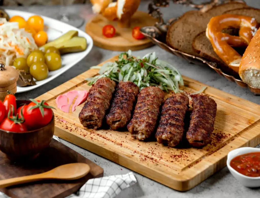Tradiții culinare românești aduse în Marea Britanie: Gusturi și povești din inima Carpaților Well Cooked Romanian Mici Sausages On Cutting Board 6245 1536x1169 1 1024x779